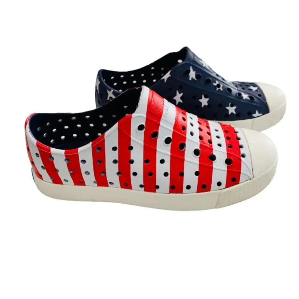 Native Unisex Red Blue Jefferson Print USA Shoes Size 4